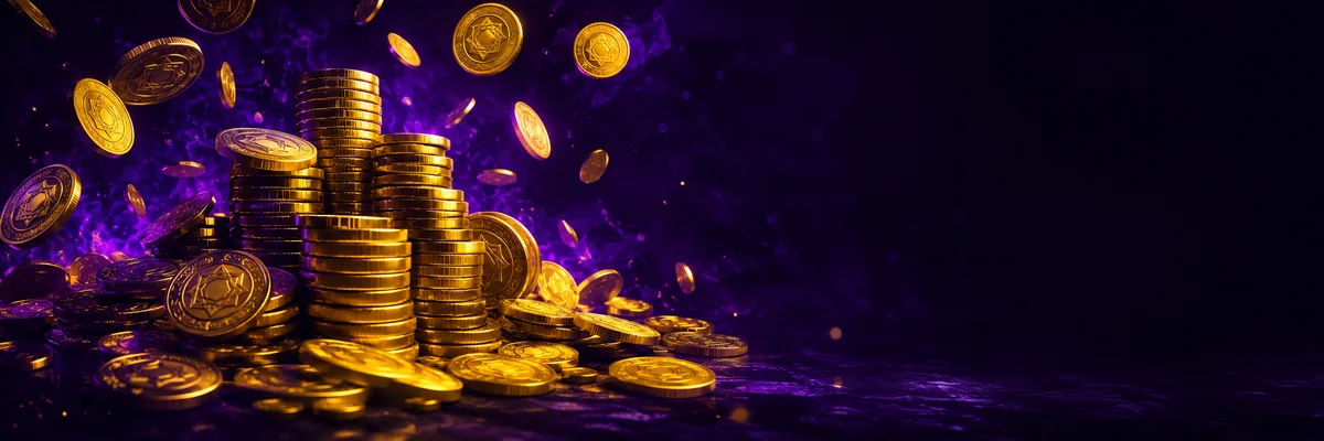 Halomban álló arany érmék lila háttérrel – Hold and Win és jackpot nyerőgépek